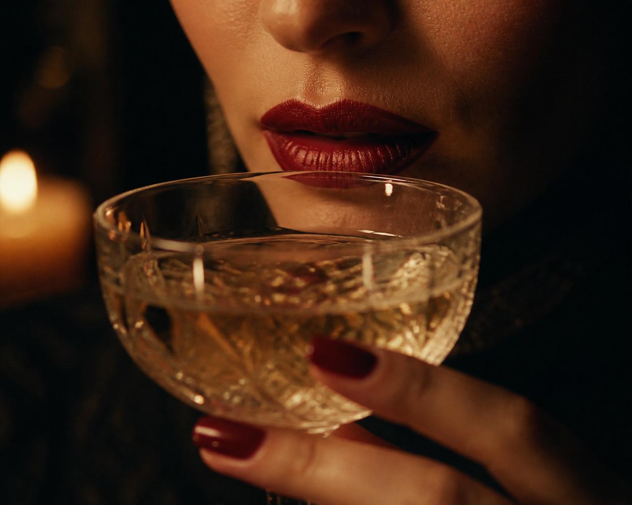 Crystal coupe and cherry-red lips by candlelight